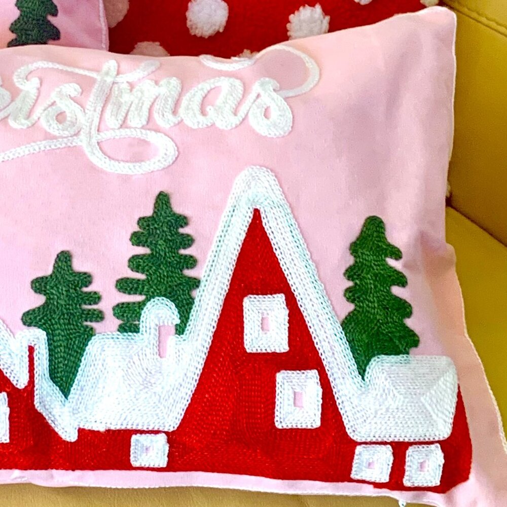 12x20 Pink Christmas Embroidered Merry Christmas Village Throw Pillow Cover New - Picture 4 of 5